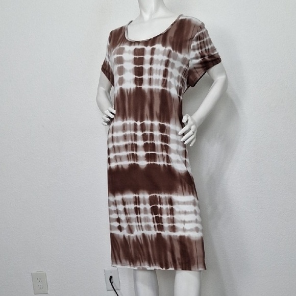 Relaxx Brown White Short Sleeve Bohemian Boho Hippie Tie Dye Midi Dress Size 2X - Picture 12 of 13